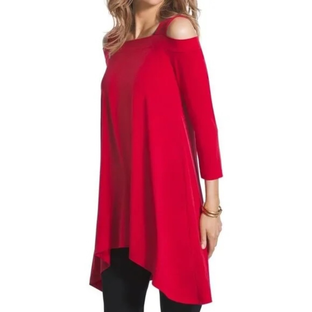 Chico's Red Cold-Shoulder Asymmetrical Hem Tunic Top - Sz 3 (XL)